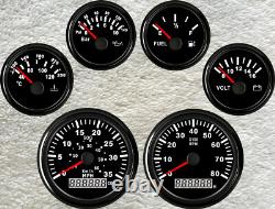 6 Gauge Set 85mm GPS 35MPH 60KM/H Speedo Tacho Fuel Temp Volt Oil Pressure Black