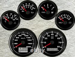 6 Gauge Set GPS 200 KM/H Speedo Odo Trip Tacho Fuel Temp Volt Oil Pressure Black