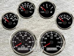 6 Gauge Set GPS 40MPH 35Knots Cog Speedo Tacho Fuel Temp Volt Oil Pressure Black