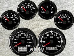 6 Gauge set with senders, 200KPH Speedo, Tacho, Fuel, Temp, Volts, Oil Pressure Black