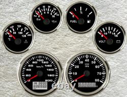 6 gauge set GPS 200km/h speedo odo trip tacho fuel temp volts oil pressure black