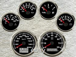 6 gauge set GPS 200km/h speedo odo trip tacho fuel temp volts oil pressure black