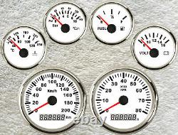 6 gauge set with senders 200km/h speedo tacho fuel temp volts oil pressure white